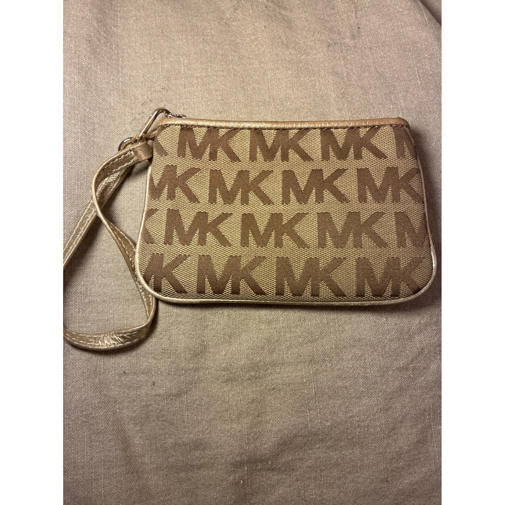 Michael Kors MK Monogram Jacquard Wristlet Pouch Gold Metallic Trim Zip Top